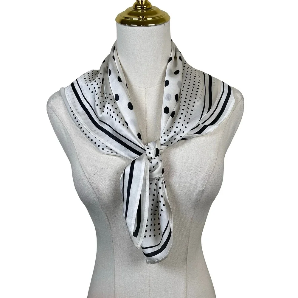 A‎ New Day Polka Dot Scarf Women White Black Striped Satin Recycled Polyester